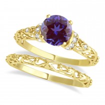 Lab Alexandrite & Diamond Antique Bridal Set 18k Yellow Gold (0.87ct)