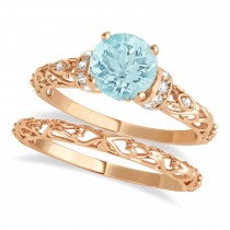 Aquamarine & Diamond Antique Style Bridal Set 14k Rose Gold (1.12ct)