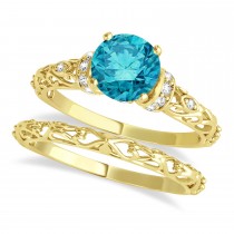 Blue Diamond & Diamond Antique Bridal Set 14k Yellow Gold (1.62ct)