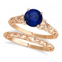Blue Sapphire & Diamond Antique Style Bridal Set 14k Rose Gold (0.87ct)