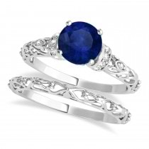 Blue Sapphire & Diamond Antique Style Bridal Set 18k White Gold (0.87ct)