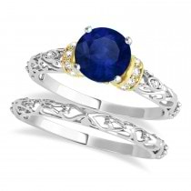 Blue Sapphire & Diamond Antique Style Bridal Set 18k Two-Tone Gold (0.87ct)