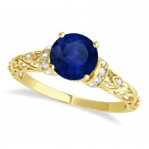 Blue Sapphire & Diamond Antique Style Bridal Set 18k Yellow Gold .87ct