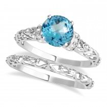 Blue Topaz & Diamond Antique Style Bridal Set 14k White Gold (1.12ct)