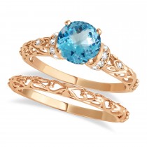 Blue Topaz & Diamond Antique Style Bridal Set 14k Rose Gold (1.62ct)