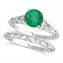 Emerald & Diamond Antique Style Bridal Set 14k White Gold (1.12ct)