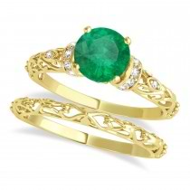 Emerald & Diamond Antique Style Bridal Set 14k Yellow Gold (1.12ct)