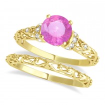 Pink Sapphire & Diamond Antique Bridal Set 14k Yellow Gold 0.87ct