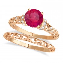 Ruby & Diamond Antique Style Bridal Set 14k Rose Gold (0.87ct)