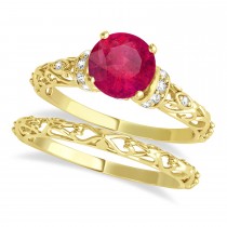 Ruby & Diamond Antique Style Bridal Set 14k Yellow Gold (1.62ct)