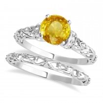 Yellow Sapphire & Diamond Antique Style Bridal Set 14k White Gold (1.12ct)