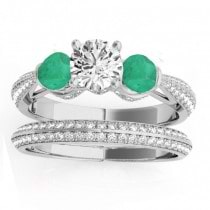 Diamond & Emerald 3 Stone Bridal Set Setting 14k White Gold (1.04ct)