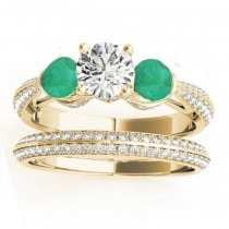 Diamond & Emerald 3 Stone Bridal Set Setting 14k Yellow Gold (1.04ct)