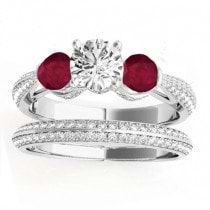 Diamond & Ruby 3 Stone Bridal Set Setting 14k White Gold (1.04ct)