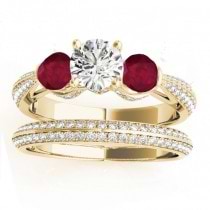 Diamond & Ruby 3 Stone Bridal Set Setting 14k Yellow Gold (1.04ct)