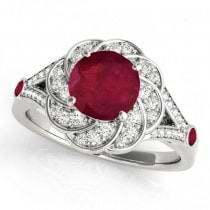 Diamond & Ruby Floral Swirl Engagement Ring 14k White Gold (1.25ct)