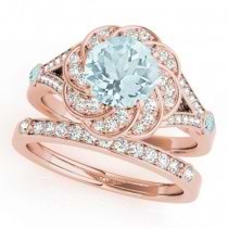 Diamond & Aquamarine Floral Swirl Bridal Set 14k Rose Gold (1.35ct)