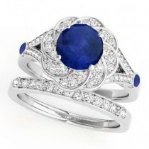 Diamond & Blue Sapphire Floral Swirl Bridal Set 14k White Gold (1.35ct)