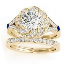 Diamond & Blue Sapphire Floral Bridal Set Setting 14k Yellow Gold (0.35ct)