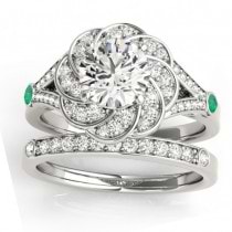 Diamond & Emerald Floral Bridal Set Setting 14k White Gold (0.35ct)