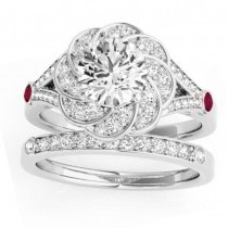 Diamond & Ruby Floral Bridal Set Setting 14k White Gold (0.35ct)
