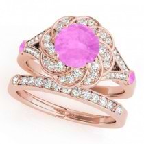 Diamond & Pink Sapphire Floral Swirl Bridal Set 14k Rose Gold (1.35ct)