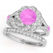 Diamond & Pink Sapphire Floral Swirl Bridal Set 14k White Gold (1.35ct)