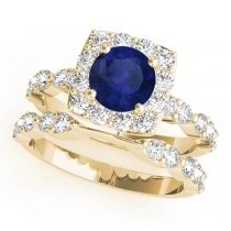Diamond & Blue Sapphire Square Halo Bridal Set 14k Yellow Gold (2.14ct)