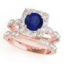Diamond & Blue Sapphire Square Halo Bridal Set 18k Rose Gold (2.14ct)