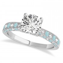 Alternating Diamond & Aquamarine Engravable Engagement Ring in 18k White Gold (0.45ct)