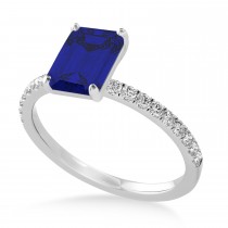 Emerald Blue Sapphire & Diamond Single Row Hidden Halo Engagement Ring 14k White Gold (1.31ct)