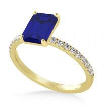 Emerald Blue Sapphire & Diamond Single Row Hidden Halo Engagement Ring 18k Yellow Gold (1.31ct)