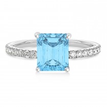 Emerald Blue Topaz & Diamond Single Row Hidden Halo Engagement Ring 18k White Gold (1.31ct)