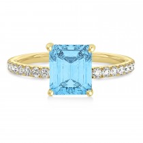 Emerald Blue Topaz & Diamond Single Row Hidden Halo Engagement Ring 18k Yellow Gold (1.31ct)
