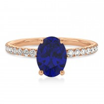 Oval Blue Sapphire & Diamond Single Row Hidden Halo Engagement Ring 14k Rose Gold (0.68ct)