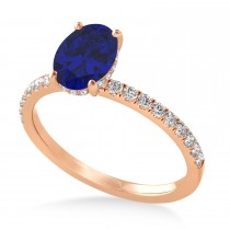 Oval Blue Sapphire & Diamond Single Row Hidden Halo Engagement Ring 14k Rose Gold (0.68ct)