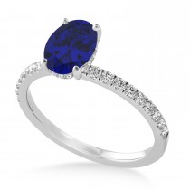 Oval Blue Sapphire & Diamond Single Row Hidden Halo Engagement Ring 14k White Gold (0.68ct)