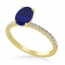 Oval Blue Sapphire & Diamond Single Row Hidden Halo Engagement Ring 14k Yellow Gold (0.68ct)