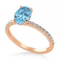 Oval Blue Topaz & Diamond Single Row Hidden Halo Engagement Ring 18k Rose Gold (0.68ct)
