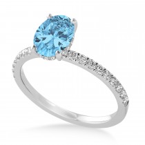 Oval Blue Topaz & Diamond Single Row Hidden Halo Engagement Ring 18k White Gold (0.68ct)