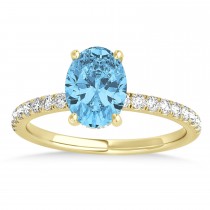 Oval Blue Topaz & Diamond Single Row Hidden Halo Engagement Ring 18k Yellow Gold (0.68ct)