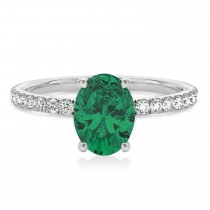 Oval Emerald & Diamond Single Row Hidden Halo Engagement Ring 14k White Gold (0.68ct)