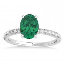 Oval Emerald & Diamond Single Row Hidden Halo Engagement Ring 14k White Gold (0.68ct)