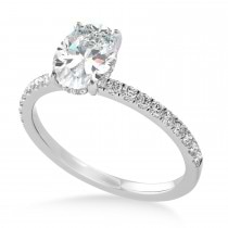 Oval Moissanite & Diamond Single Row Hidden Halo Engagement Ring 18k White Gold (0.68ct)