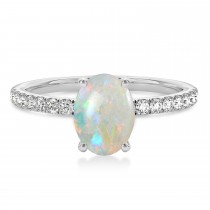 Oval Opal & Diamond Single Row Hidden Halo Engagement Ring 14k White Gold (0.68ct)