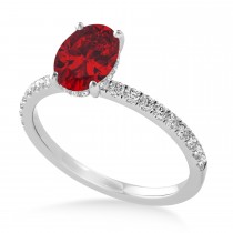 Oval Ruby & Diamond Single Row Hidden Halo Engagement Ring 14k White Gold (0.68ct)