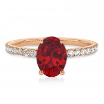 Oval Ruby & Diamond Single Row Hidden Halo Engagement Ring 18k Rose Gold (0.68ct)