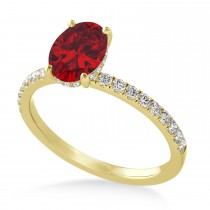 Oval Ruby & Diamond Single Row Hidden Halo Engagement Ring 18k Yellow Gold (0.68ct)