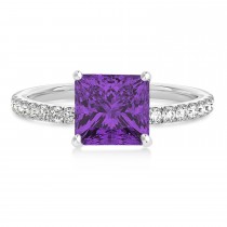 Princess Amethyst & Diamond Single Row Hidden Halo Engagement Ring 18k White Gold (0.81ct)