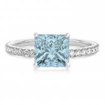 Princess Aquamarine & Diamond Single Row Hidden Halo Engagement Ring 18k White Gold (0.81ct)